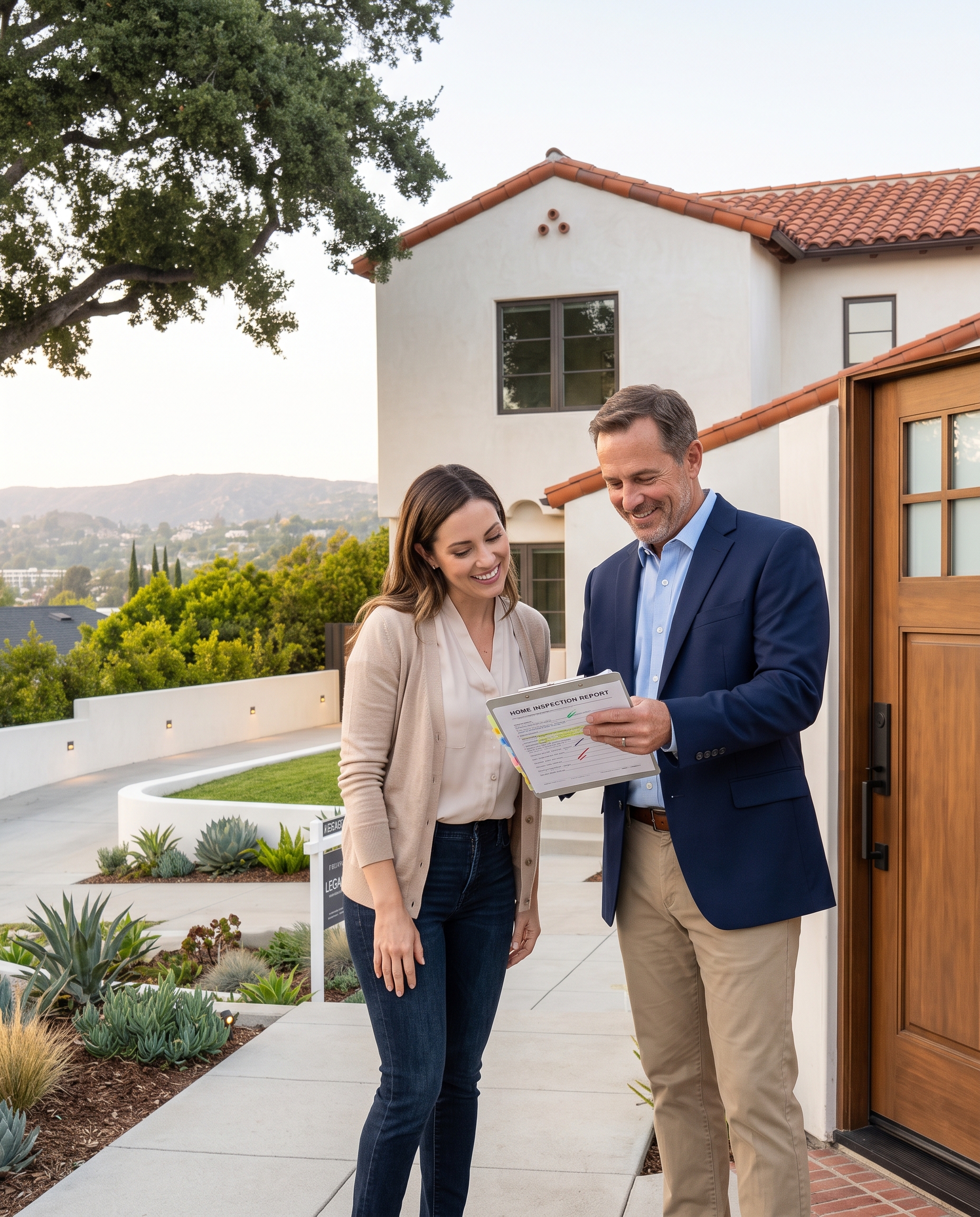Homebuyer and real estate agent reviewing a home inspection report outside a house