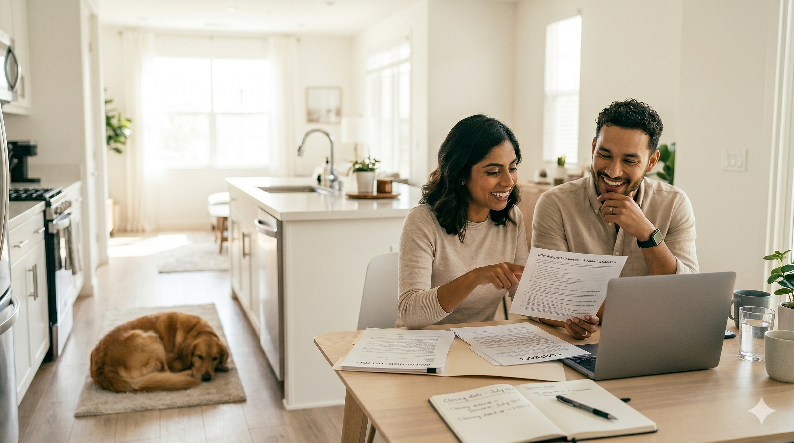 Homebuyers reviewing paperwork after an accepted offer