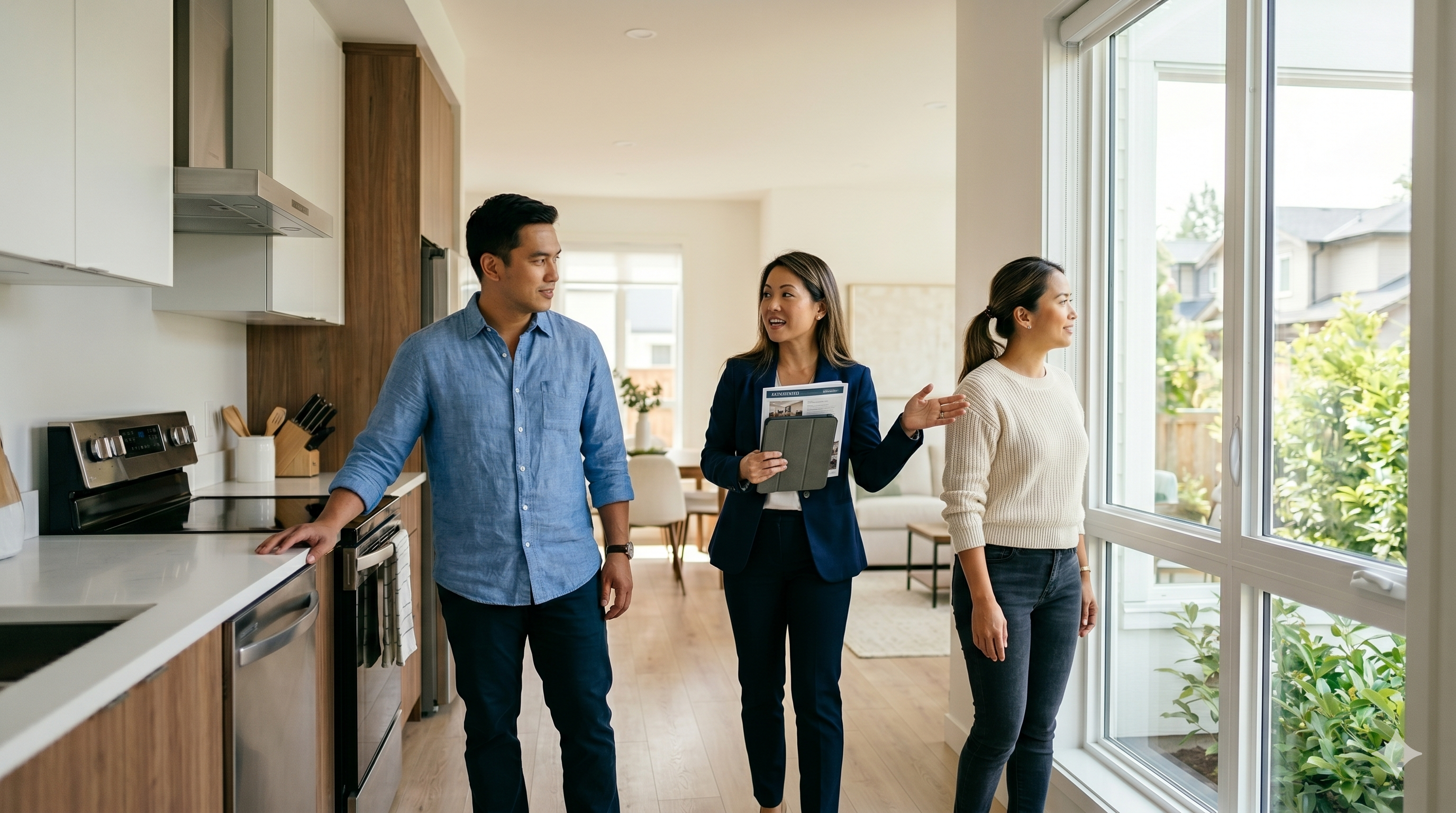 Homebuyers touring a house and evaluating its features