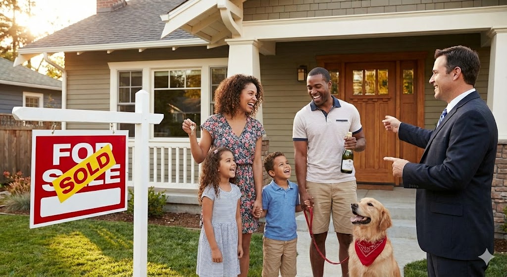 Family, dog, and realtor with sold sign.