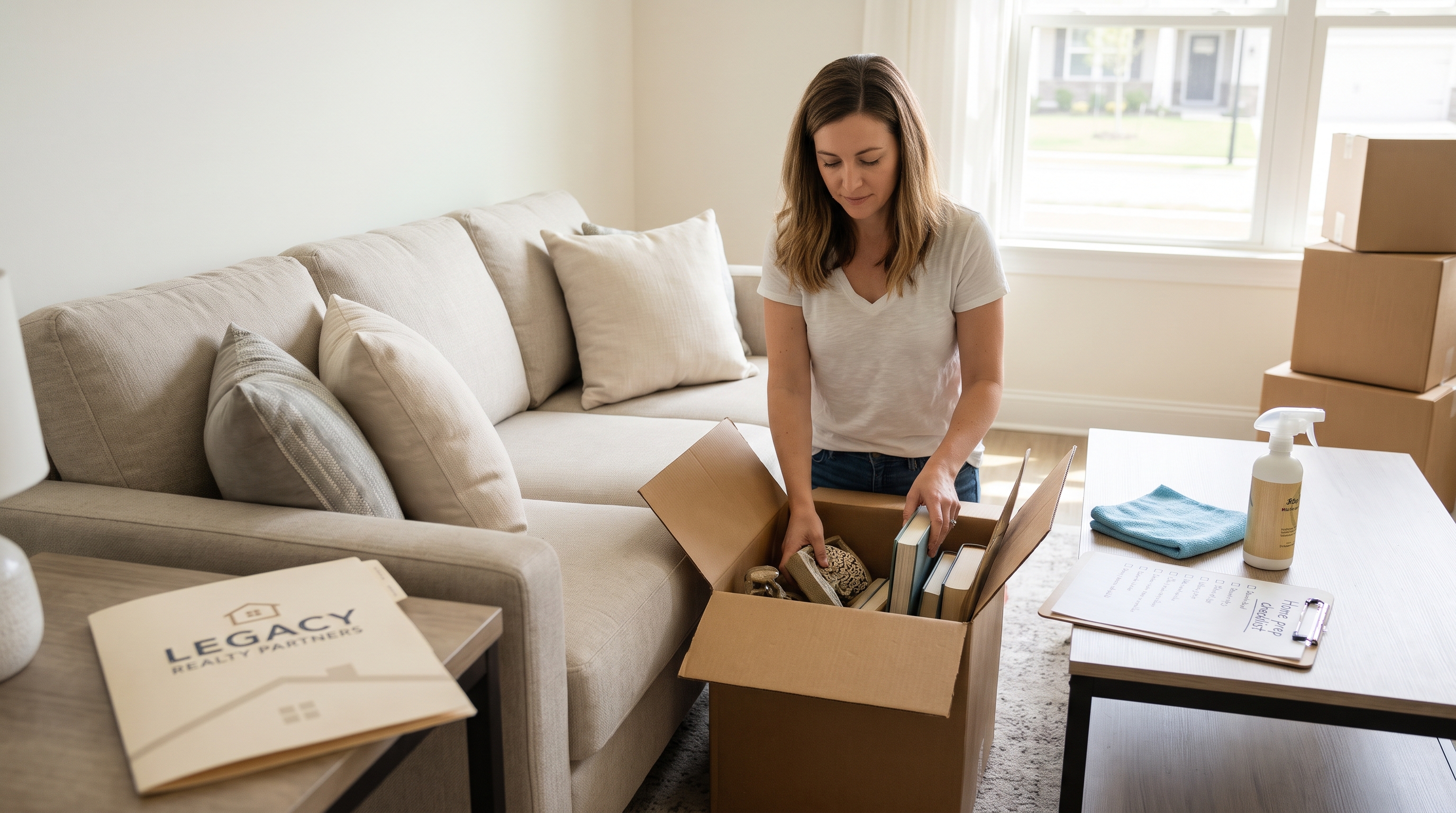 Homeowner decluttering a bright living room by packing books and decor into a cardboard box next to a preparation checklist and cleaning supplies.