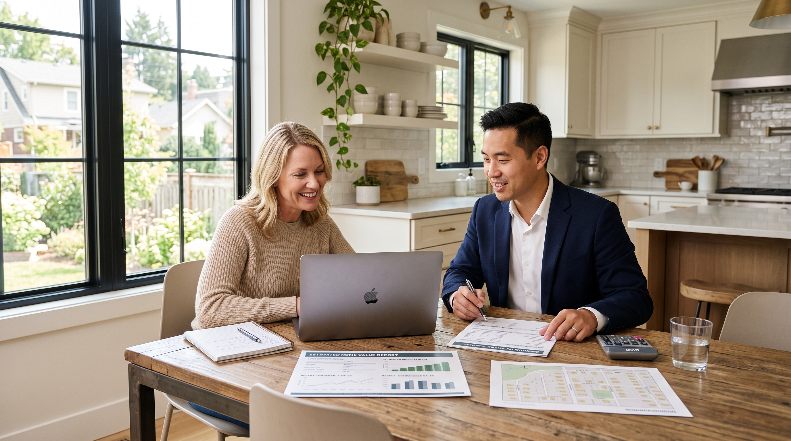 Homeowner reviewing a home value estimate with a real estate professional at a kitchen table