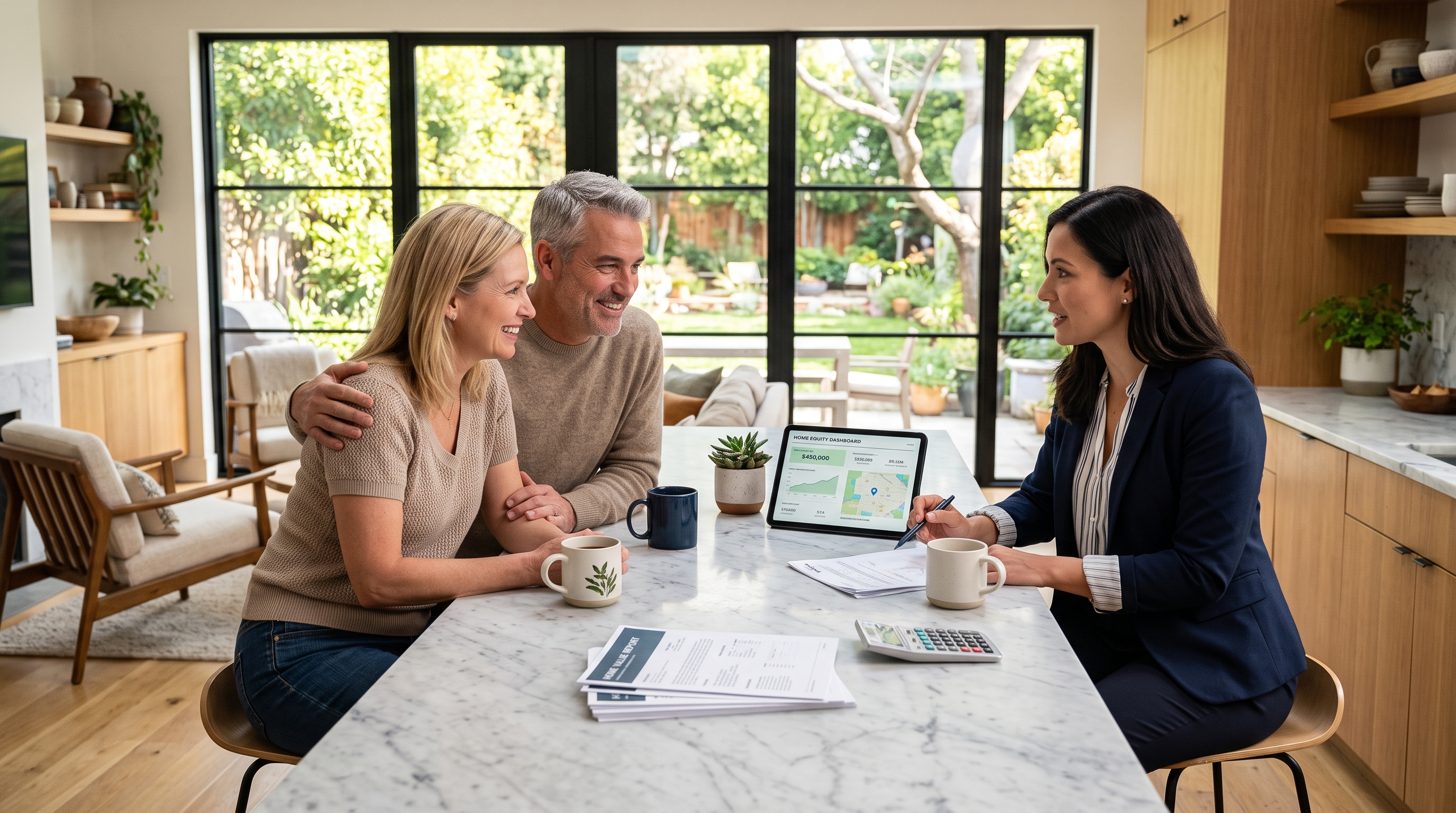 Homeowner and real estate professional reviewing home equity information on a laptop at a kitchen table