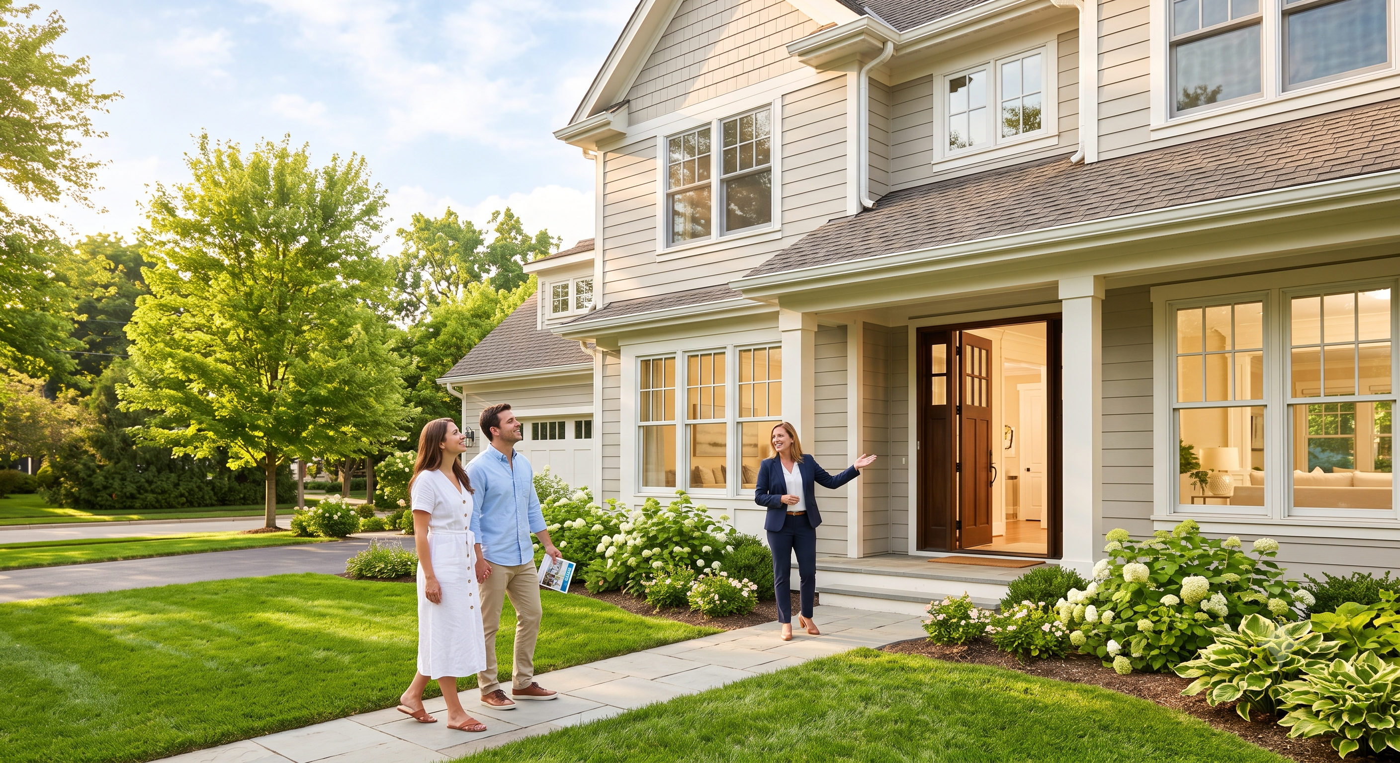 Couple touring a home during summer