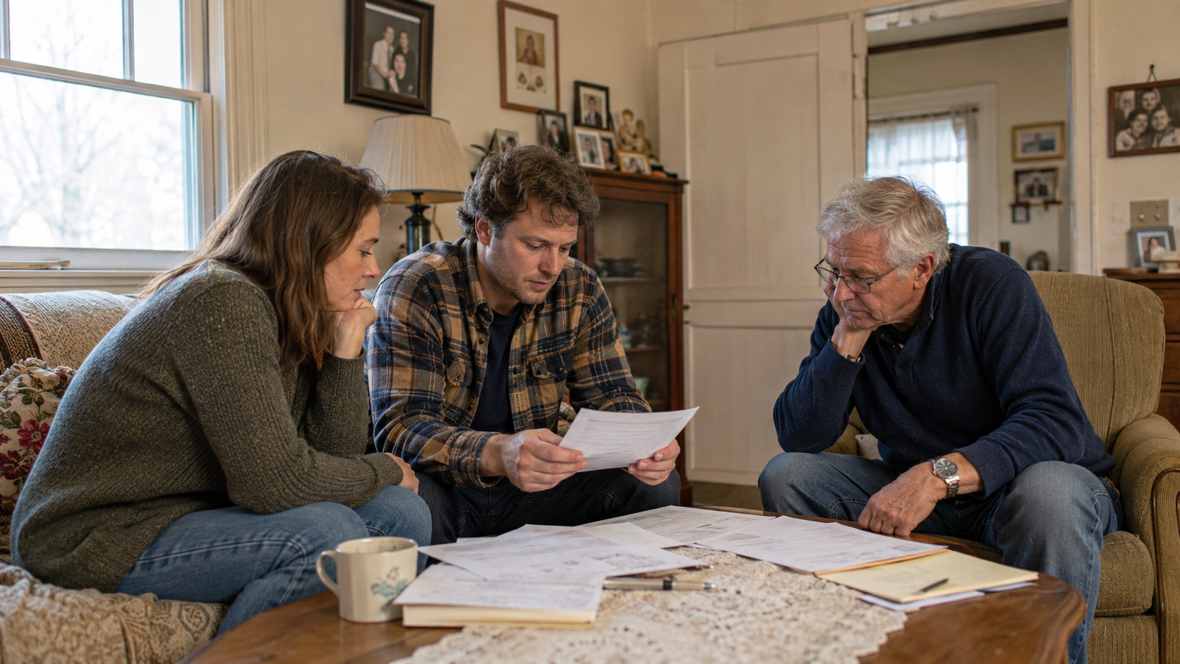 Family discussing probate home sale while reviewing documents in a living room