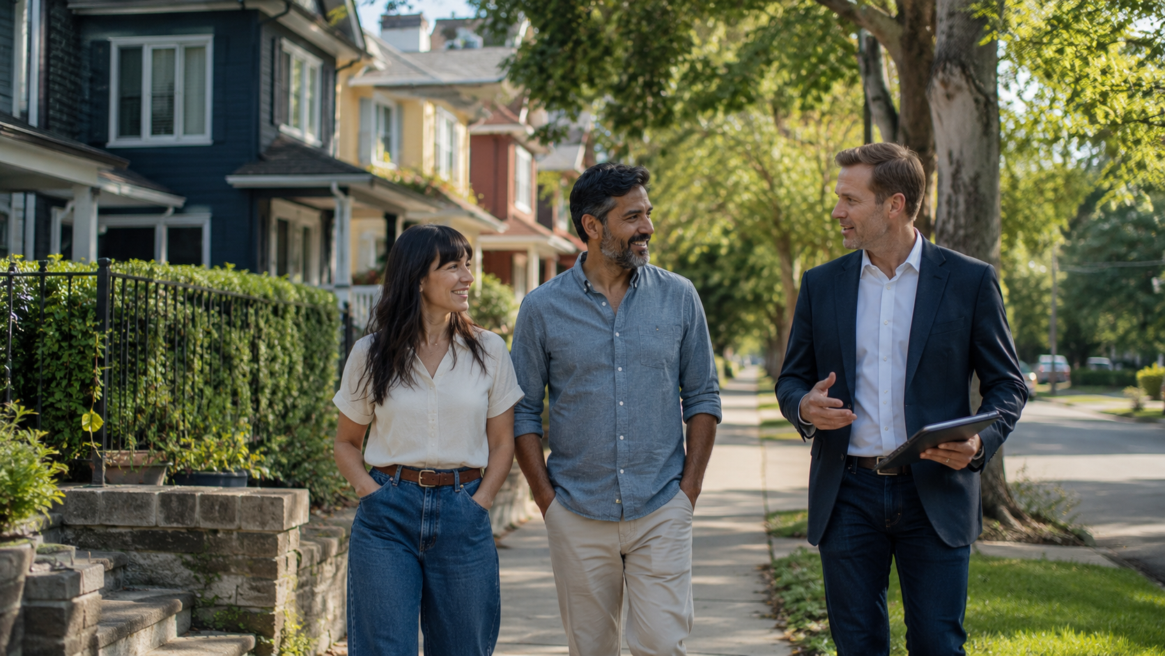 Agent discussing neighborhood market values with homeowners on a suburban street