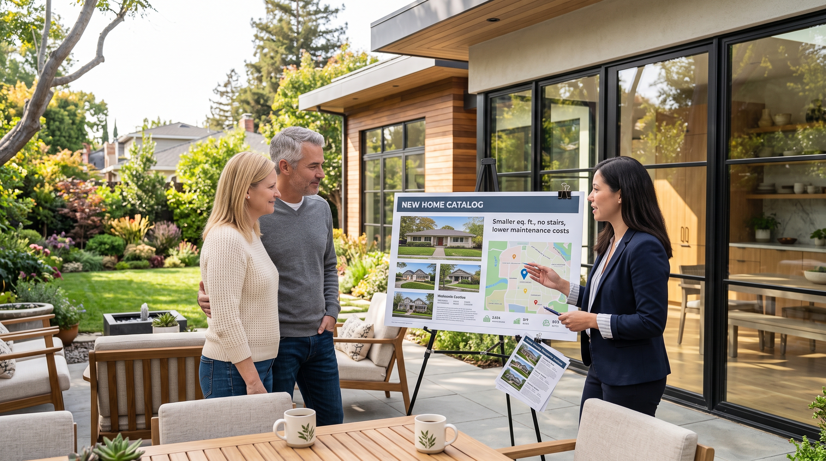 Homeowners reviewing downsizing options with a real estate professional