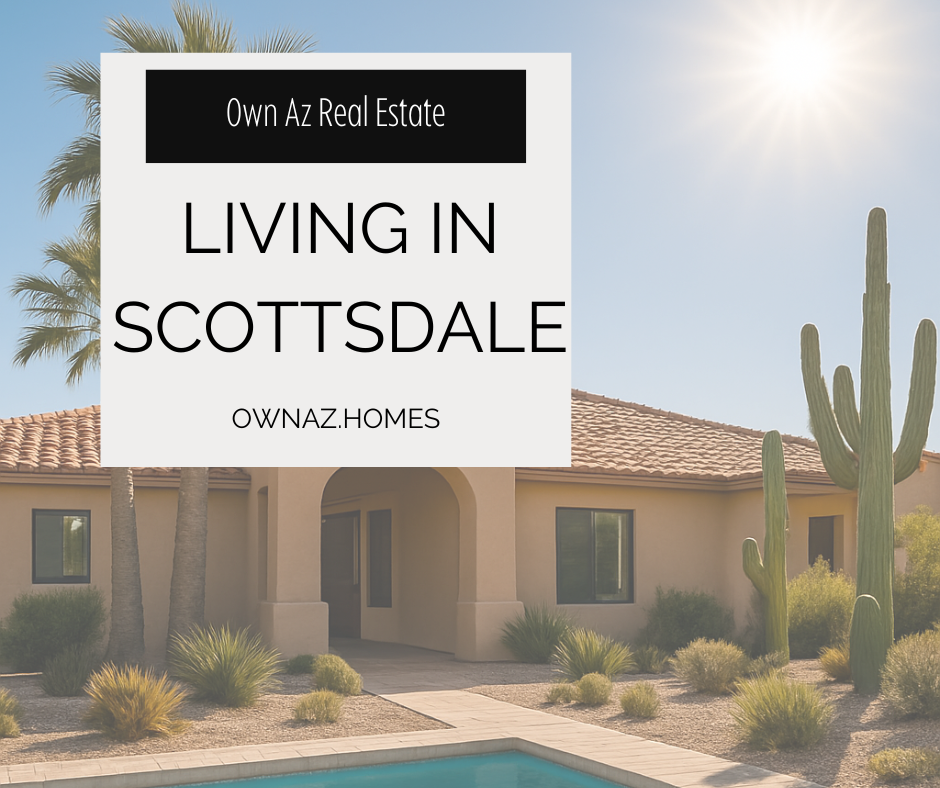 Scottsdale, Arizona cityscape with desert cacti and the McDowell Mountains at sunset, overlaid with the blog title ‘Why Scottsdale Real Estate Keeps Climbing.