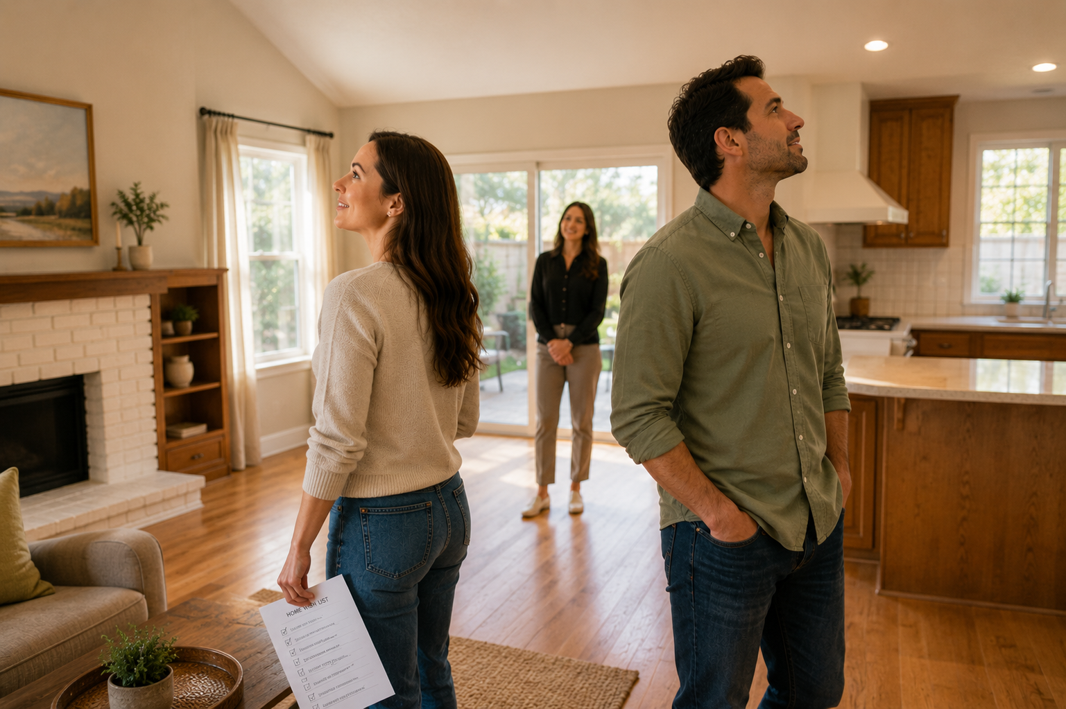 Couple touring a warm, open-concept home while quietly imagining their future, as their real estate agent gives them space to experience the moment—a visual representation of the clarity and emotional connection that often begins during a buyer consultation.