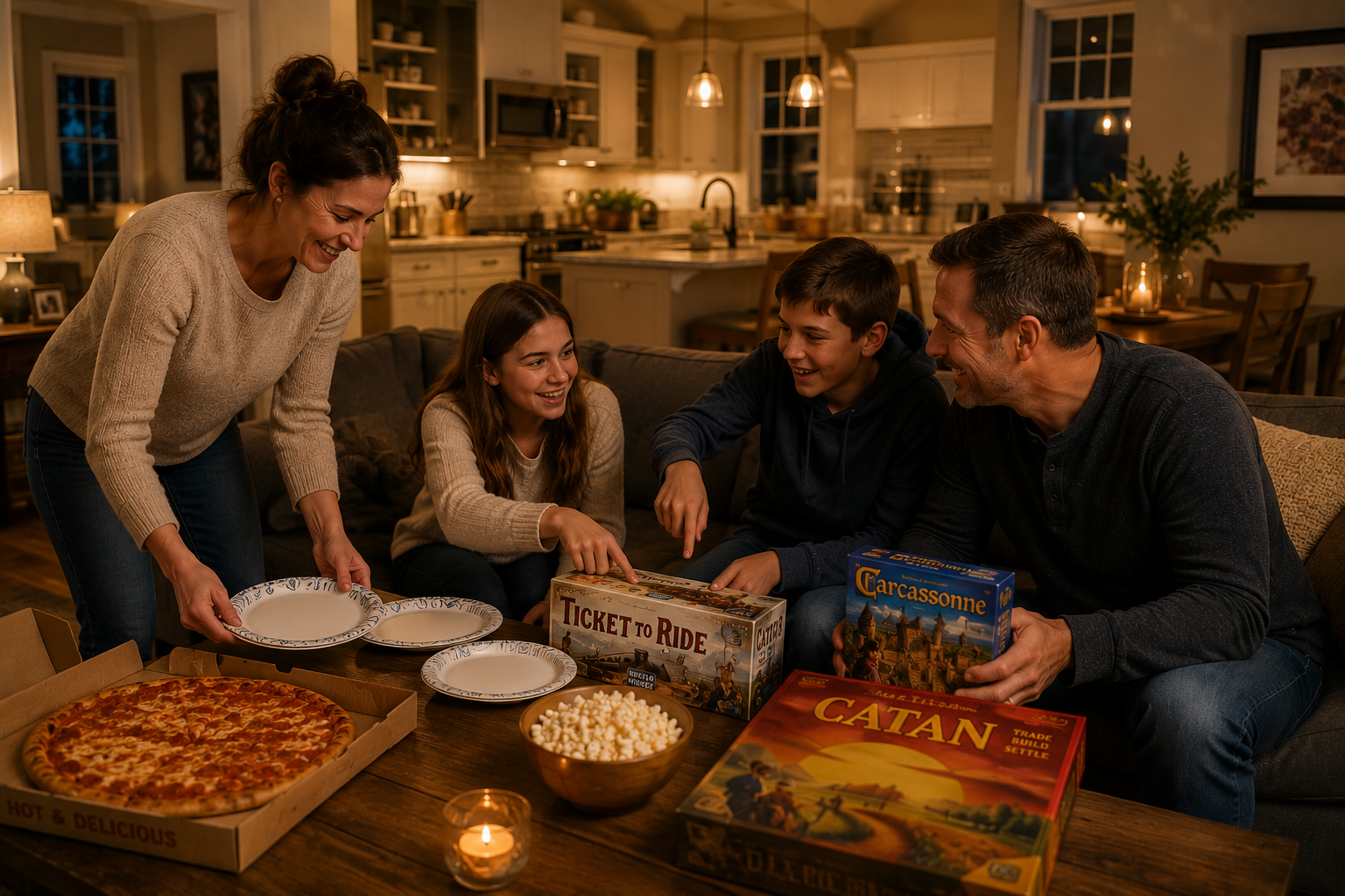 Family of four preparing for a screen-free game night at home with pizza, classic board games, popcorn, and their golden retriever in a cozy open-concept living room and kitchen.