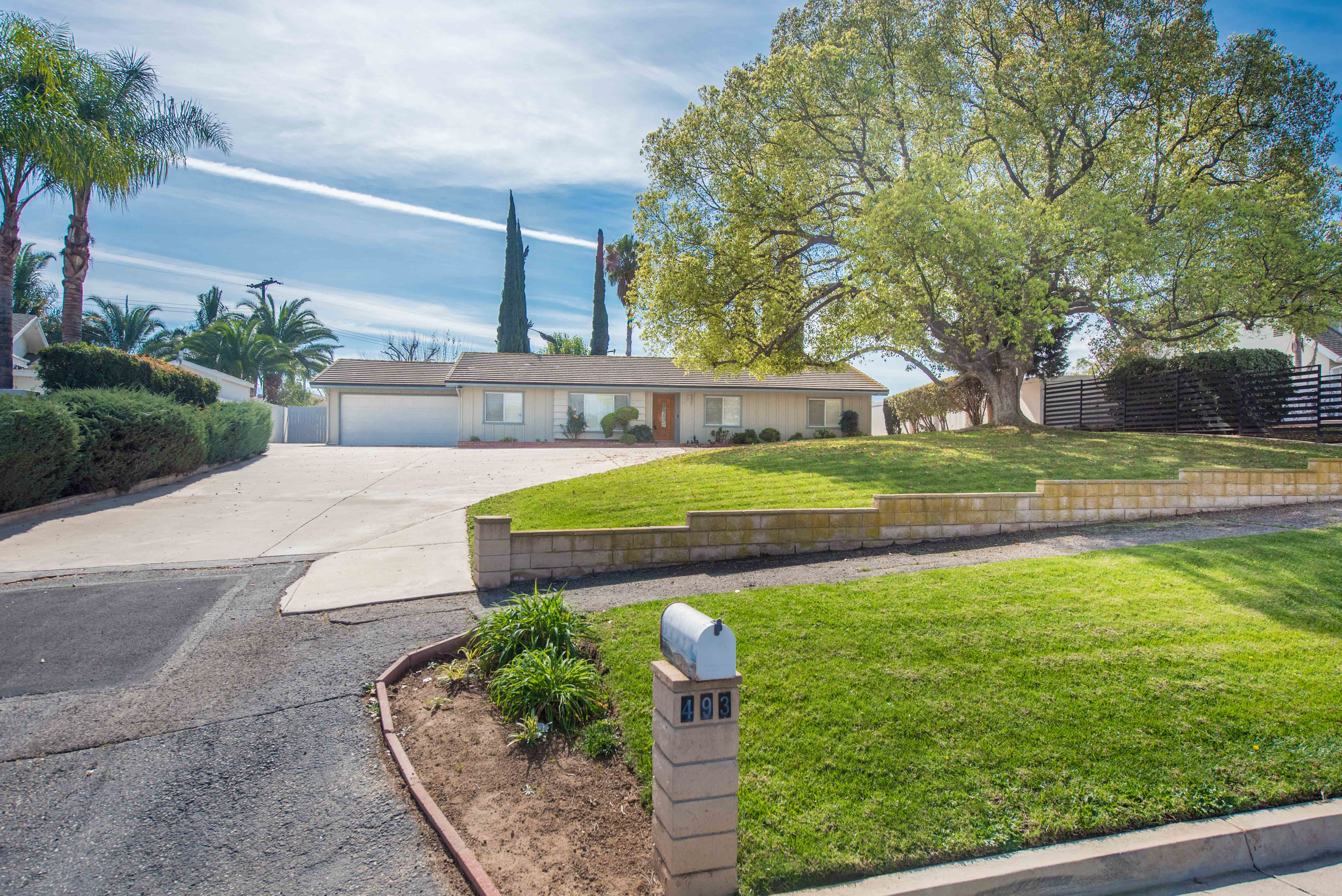 Single story pool home at 493 Corona Avenue in Corona California featuring a wide driveway, attached two-car garage, manicured front lawn, and a large mature tree in the front yard.