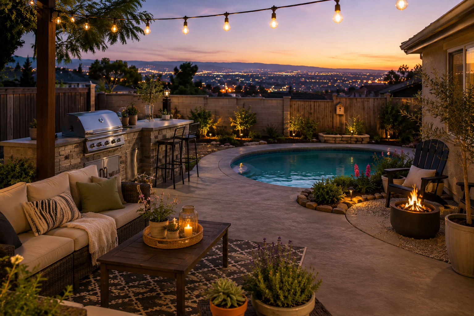 Warm and inviting backyard designed for outdoor living with a modest pool, built-in barbecue, comfortable seating, string lights, potted herbs and plants, and a peaceful city lights view at sunset.
