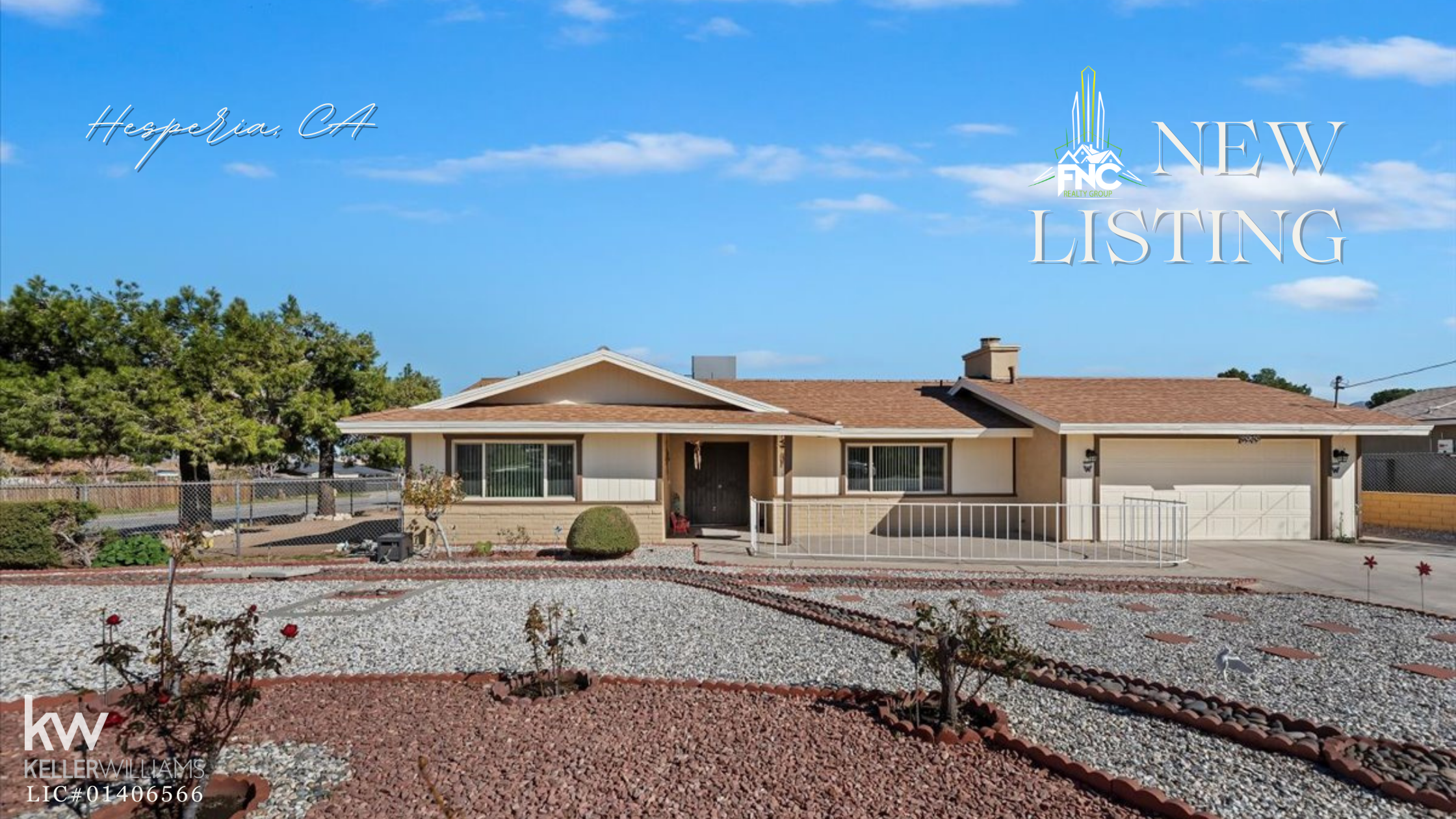Exterior view of a single family home at 8949 Camphor Avenue in Hesperia, California, showing a wide driveway, attached two car garage, gravel landscaping and a fenced front yard under a clear blue sky. 