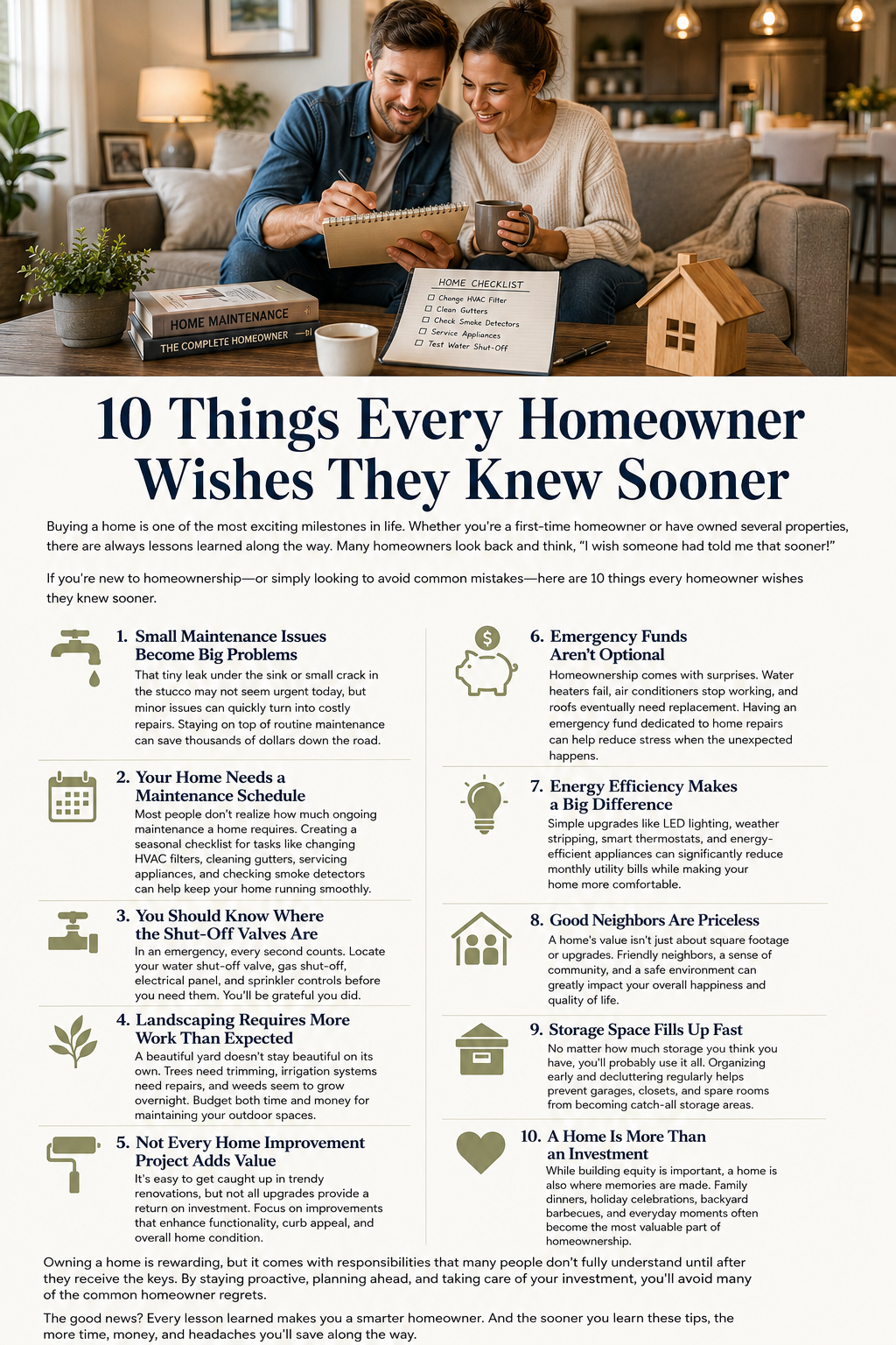 Homeowner checklist infographic highlighting ten practical tips for maintaining a home, preventing costly repairs, improving energy efficiency, staying organized, and protecting your investment over time.