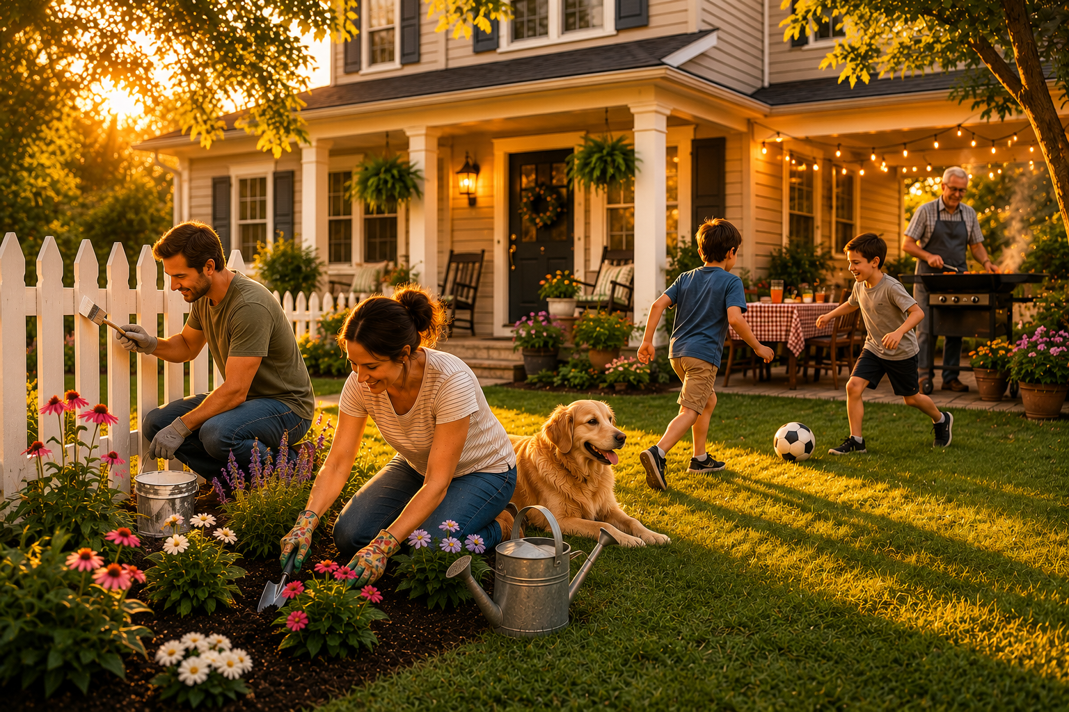 Multigenerational family enjoying and caring for their home together, with a father painting a fence, a mother gardening beside the family dog, children playing soccer, and a grandfather grilling outside a welcoming suburban home at golden hour.