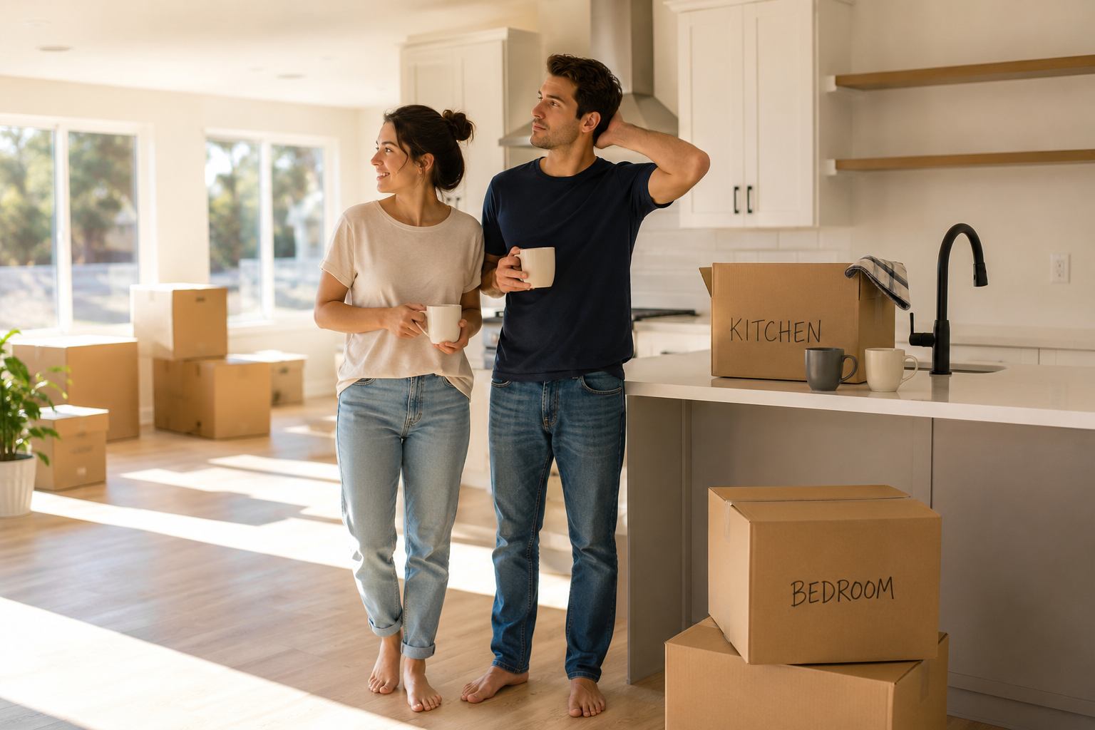 First-time homeowners standing barefoot in their bright new kitchen with coffee mugs and moving boxes, reflecting on the excitement and new responsibilities that come with owning a home.
