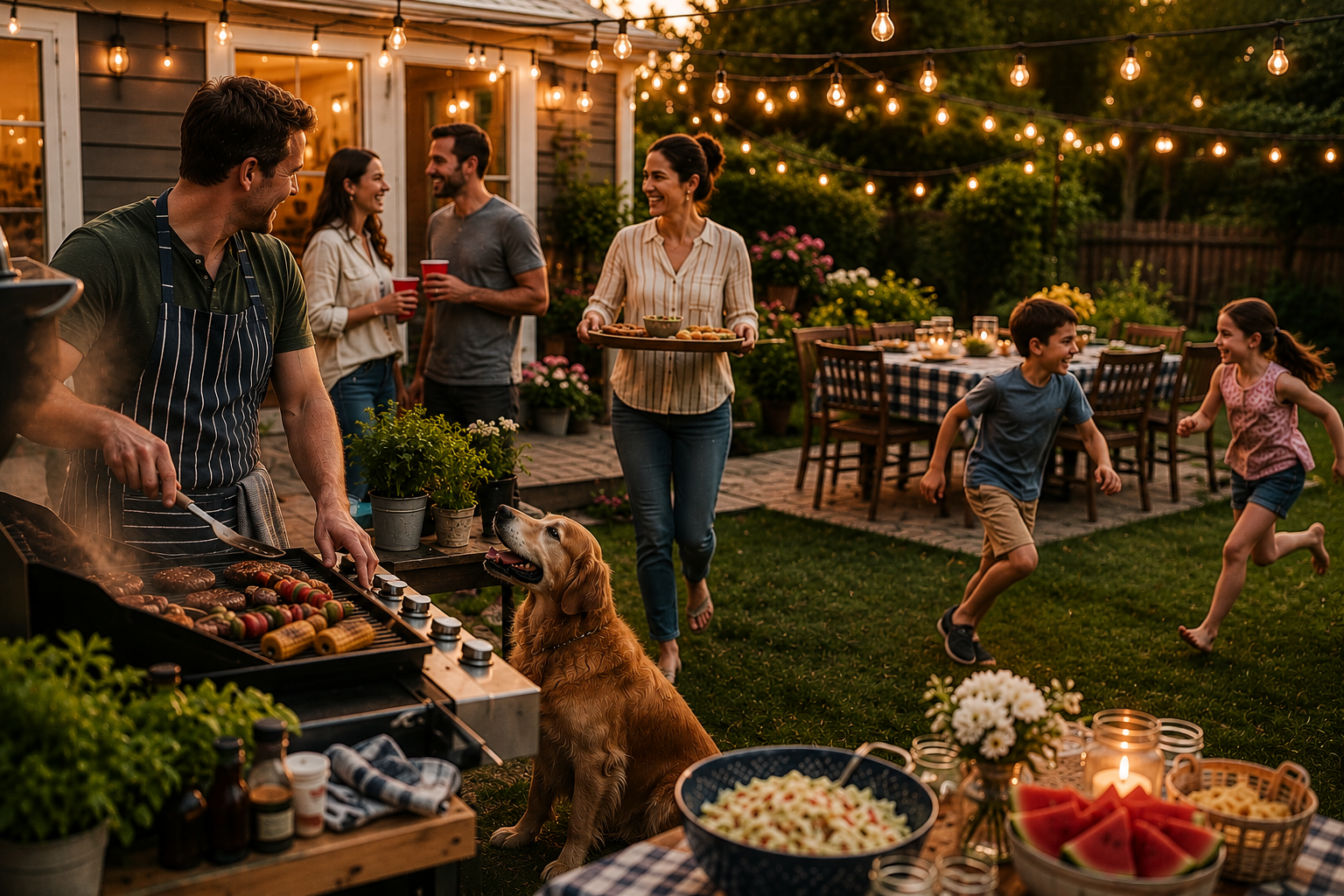 Family and friends enjoying a backyard BBQ with grilled food, outdoor seating, children playing, string lights, and a welcoming summer atmosphere.
