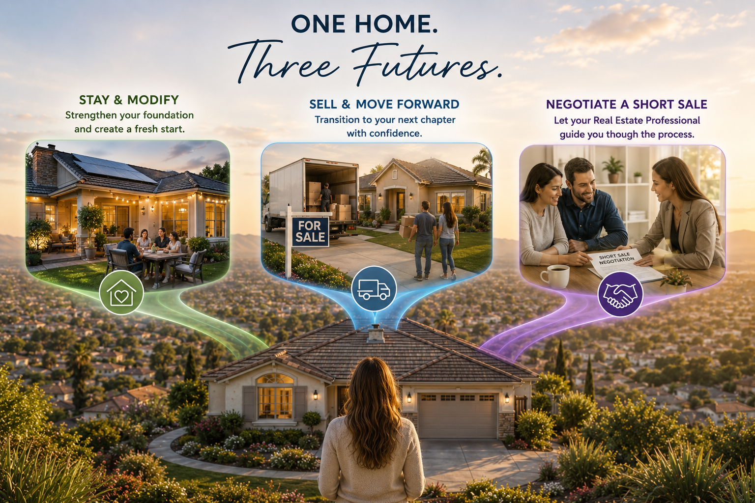 Illustration showing a homeowner evaluating three potential paths for a property: staying and modifying the home, selling and moving forward, or negotiating a short sale, symbolizing the importance of understanding available options before making a real estate decision.