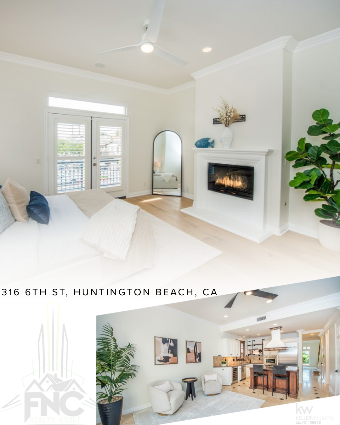 Interior living space of a home at 316 6th Street in Huntington Beach California, featuring a fireplace, light wood flooring, ceiling fan and an open kitchen and seating area.