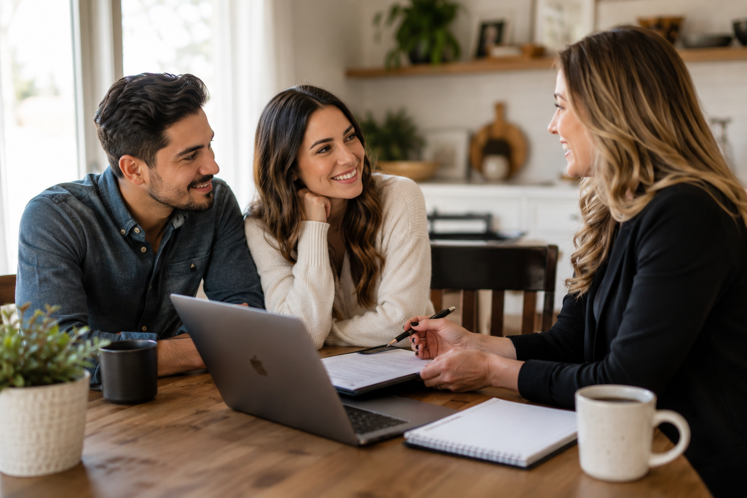 Real estate consultation between a professional agent and a homebuying couple seated at a kitchen table, illustrating the value of trusted representation, strategic planning, and informed decision-making.
