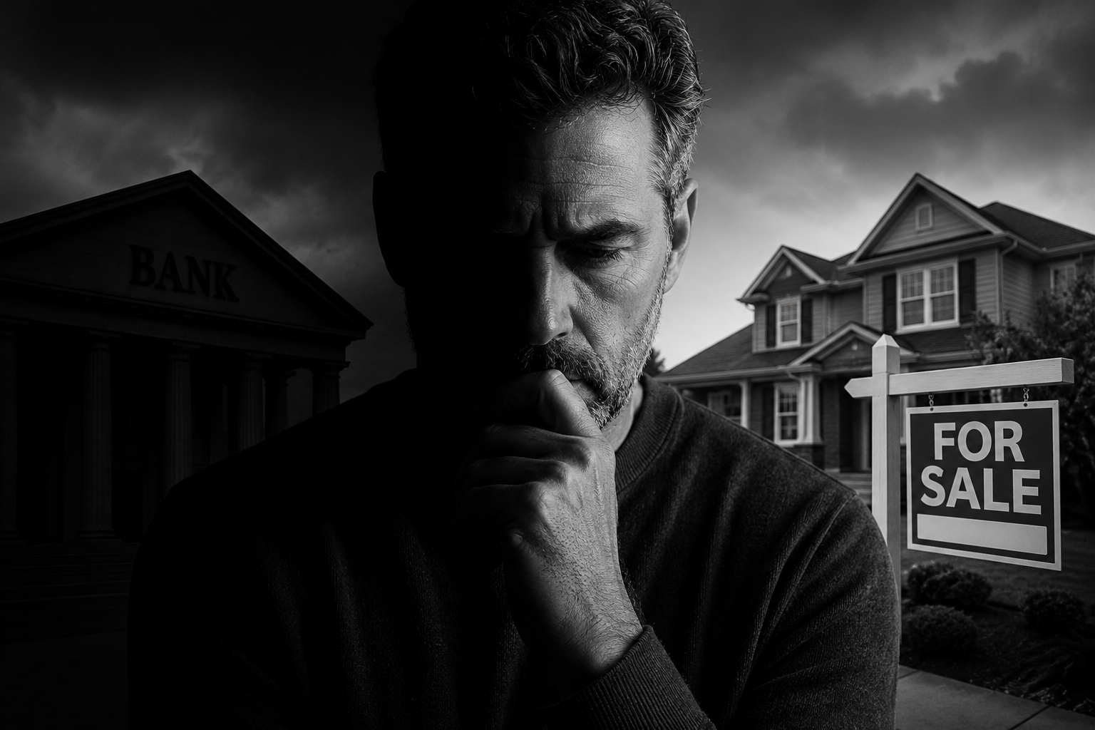 Black-and-white image of a homeowner in deep thought with a home for sale on one side and a bank silhouette on the other, representing the emotional weight of short sale decisions.