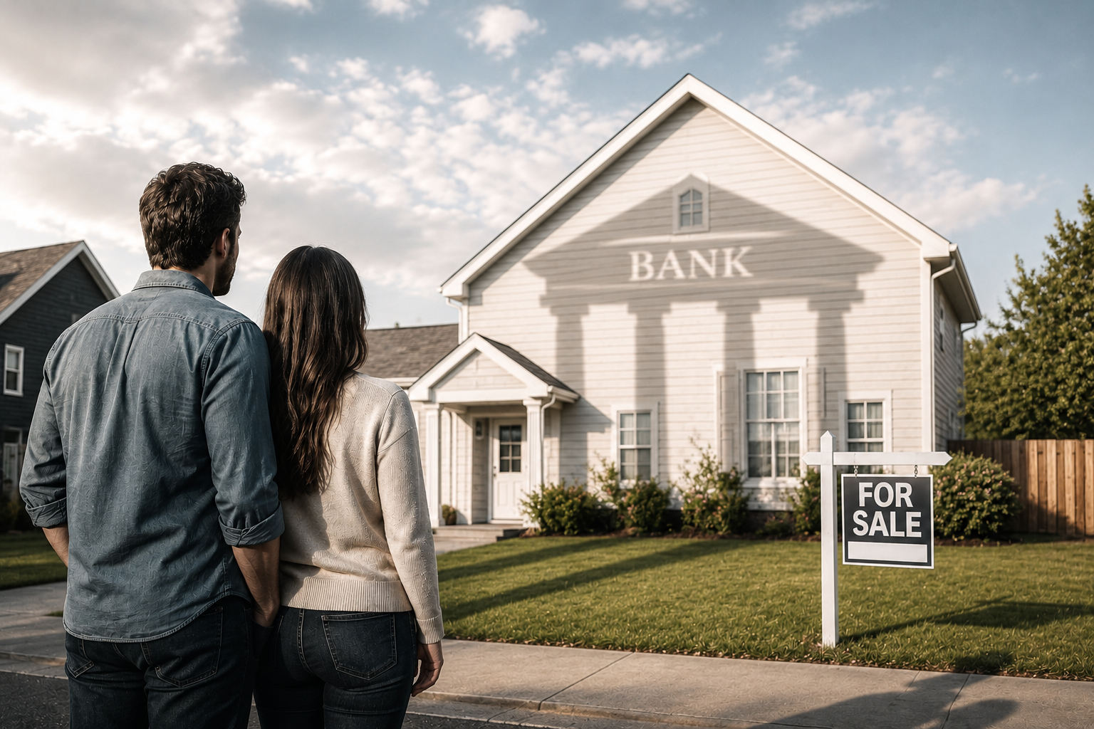 Buyers standing in front of a home with a subtle bank shadow cast across the exterior, symbolizing a home sale transitioning into a short sale during escrow.