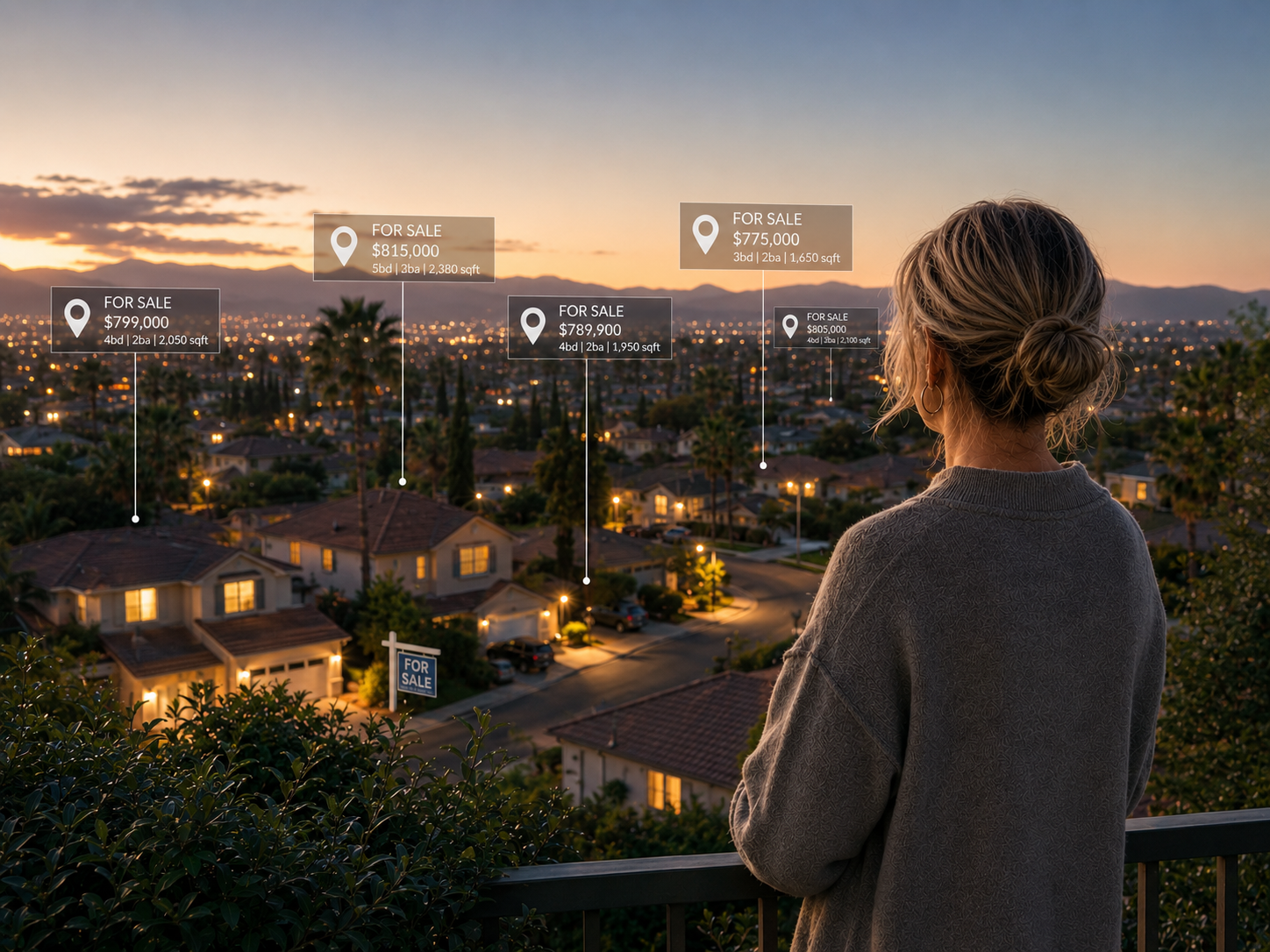 Woman overlooking a Southern California neighborhood at sunset while active home listings throughout the community symbolize a shifting housing market and evolving buyer demand.