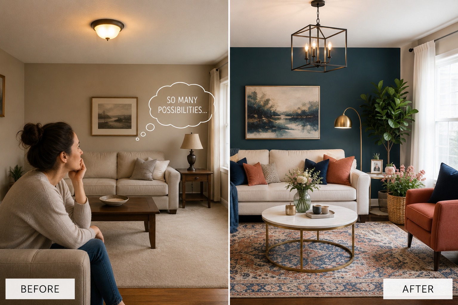 Split-view image of the same living room before and after affordable home improvements. The left side shows a neutral space with older lighting and minimal décor while the right side features updated lighting, colorful accents, layered textures, and modern furnishings. A homeowner sits thoughtfully, envisioning the refreshed space, demonstrating how simple weekend projects can make a significant impact.