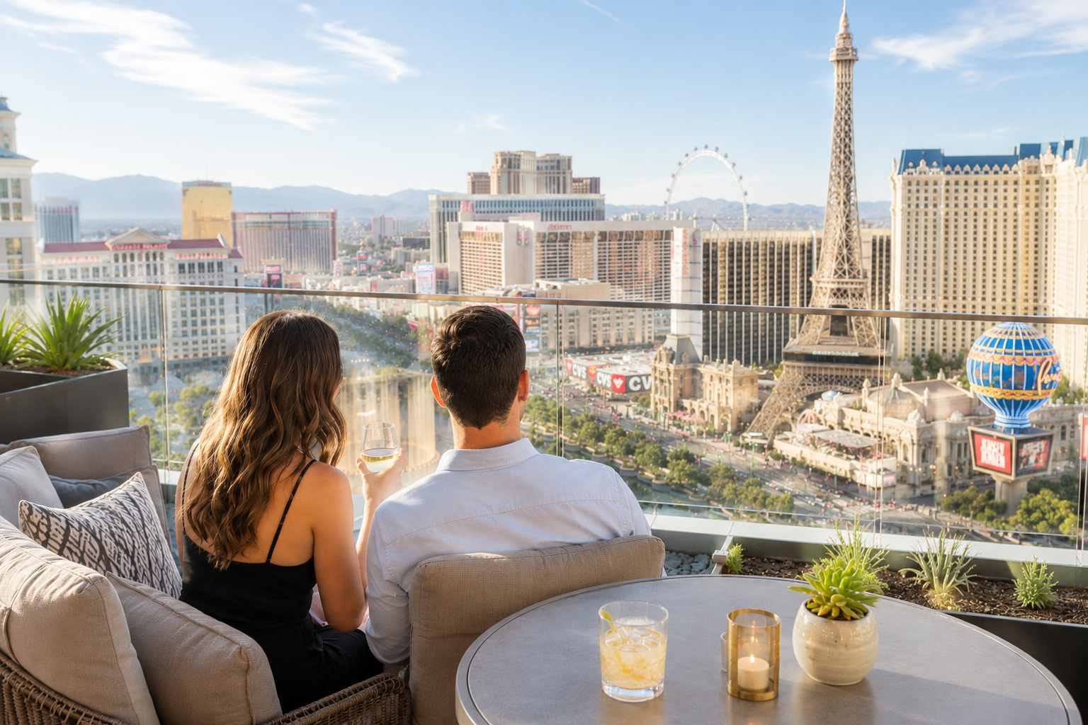 Couple seated on a rooftop lounge overlooking the Las Vegas Strip, enjoying a sunny weekend getaway with iconic landmarks, city views, and a relaxing atmosphere.