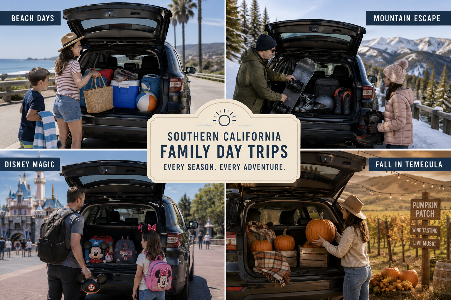 Collage of a family loading the same SUV for four Southern California day trips: a beach outing, mountain snow adventure, Disneyland visit, and fall pumpkin patch in Temecula, illustrating year-round family travel opportunities.