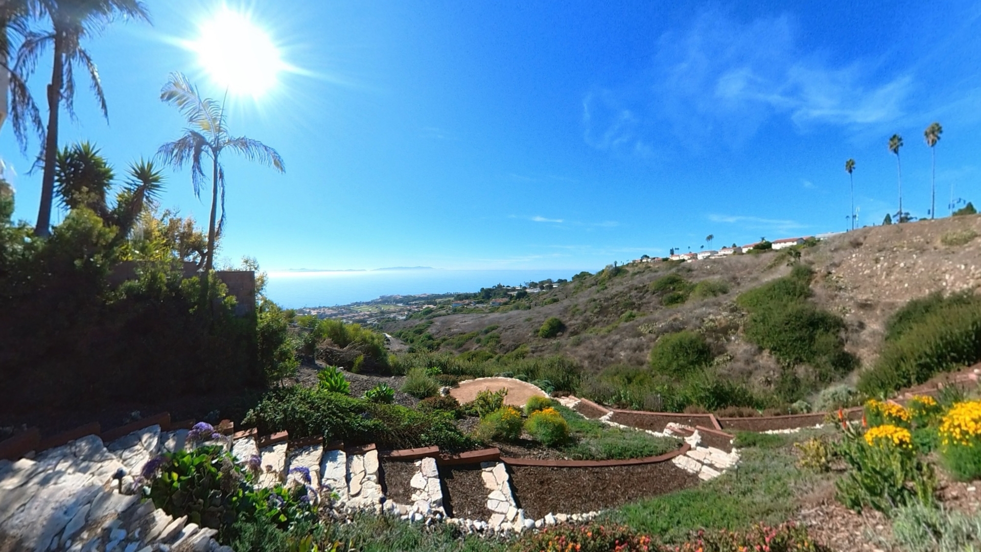 Panoramic Pacific Ocean and Catalina Island view from 31311 Marne Drive in Rancho Palos Verdes, framed by coastal hills and the home’s terraced backyard gardens.