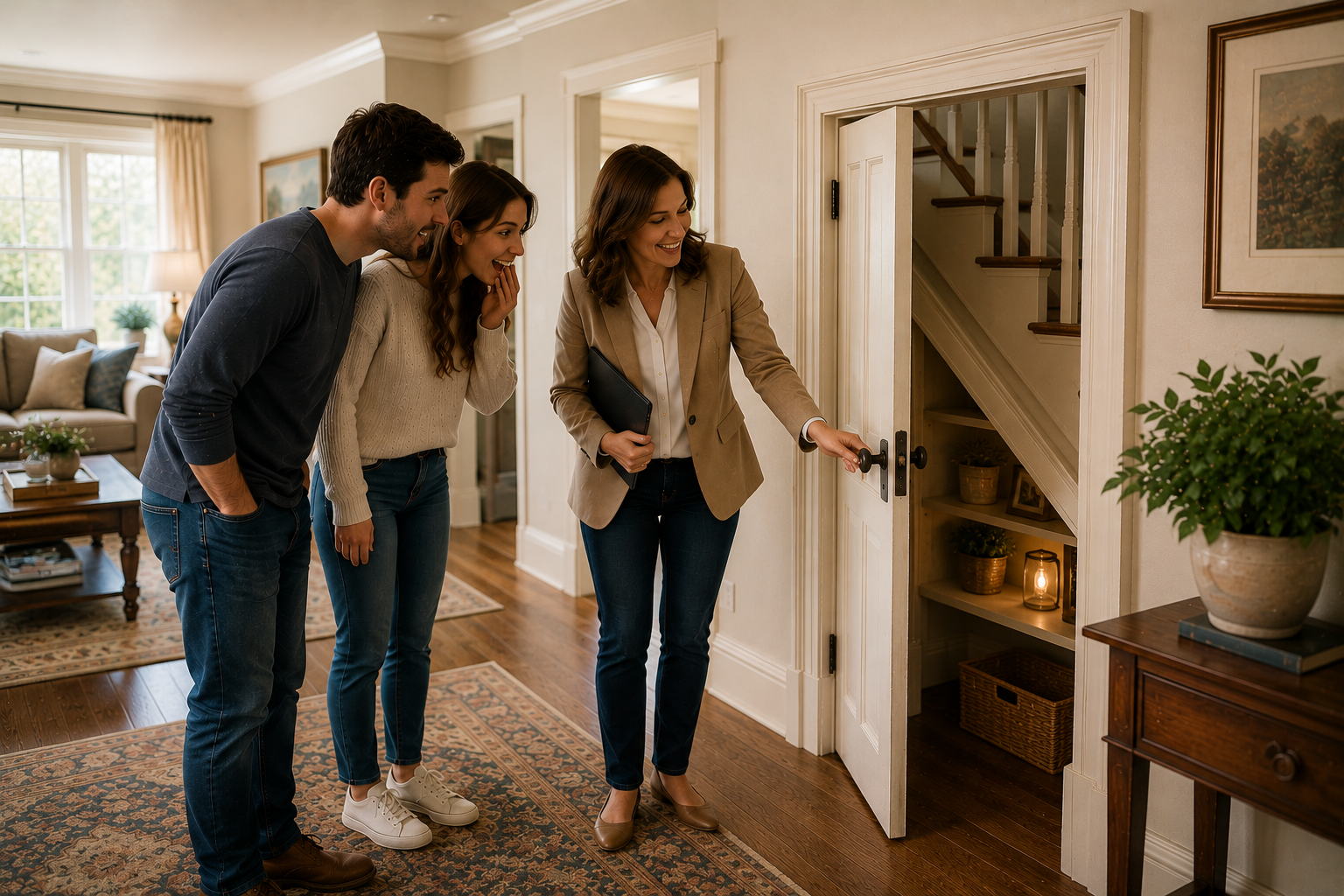 Real estate agent opening a mysterious door inside a unique home while discovering an unexpected hidden room during a property tour.