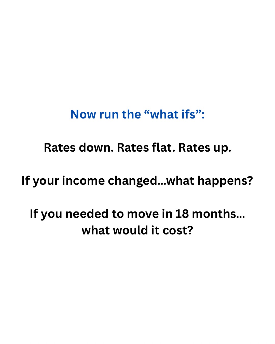 Now run the what ifs: rates down, flat, up. Income changes. If you needed to move in 18 months, what would it cost?