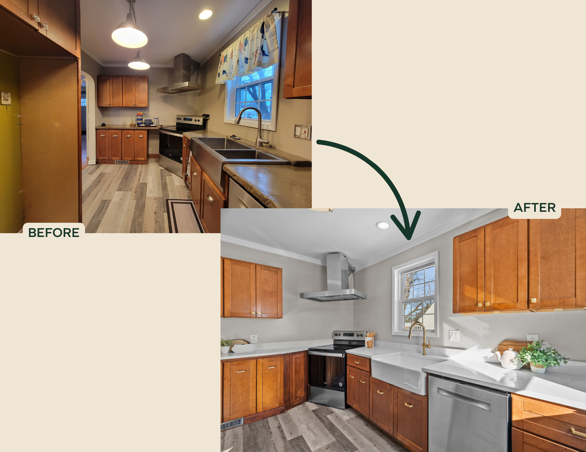 Before and after images of a kitchen