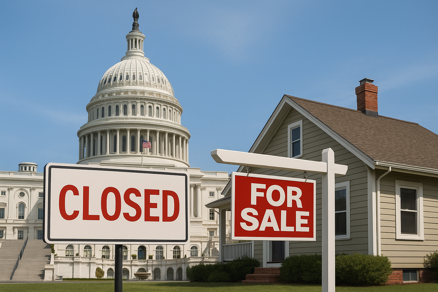 U.S. Capitol building with a “Closed” sign, symbolizing a government shutdown’s impact on a home for sale in the foreground.