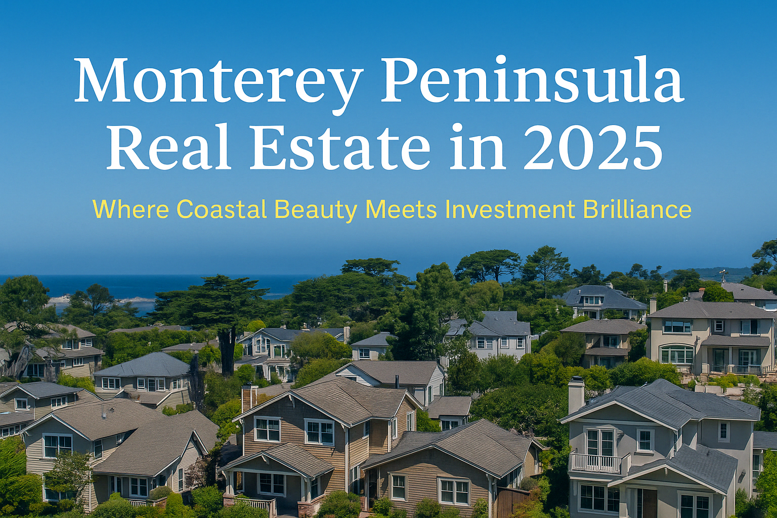 High-resolution banner image showing residential homes across the Monterey Peninsula with the Pacific Ocean in the background. Text overlay reads 'Monterey Peninsula Real Estate in 2025 โ Where Coastal Beauty Meets Investment Brilliance.' Ideal for promoting local real estate trends and opportunities.