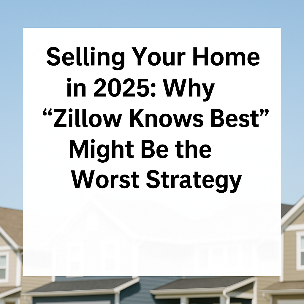 Real estate blog post image titled 'Selling Your Home in 2025: Why Zillow Knows Best Might Be the Worst Strategy,' displayed over a background of suburban homes under a clear blue sky. Designed for sellers seeking expert guidance in today’s market.
