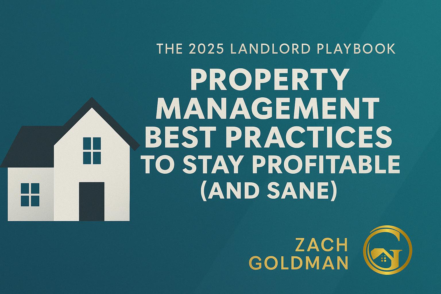 Digital promotional image for a 2025 property management blog post titled 'Property Management Best Practices to Stay Profitable (and Sane).' The image features a white house illustration on a teal background, bold white text, and Zach Goldmanβs gold logo in the bottom right corner.
