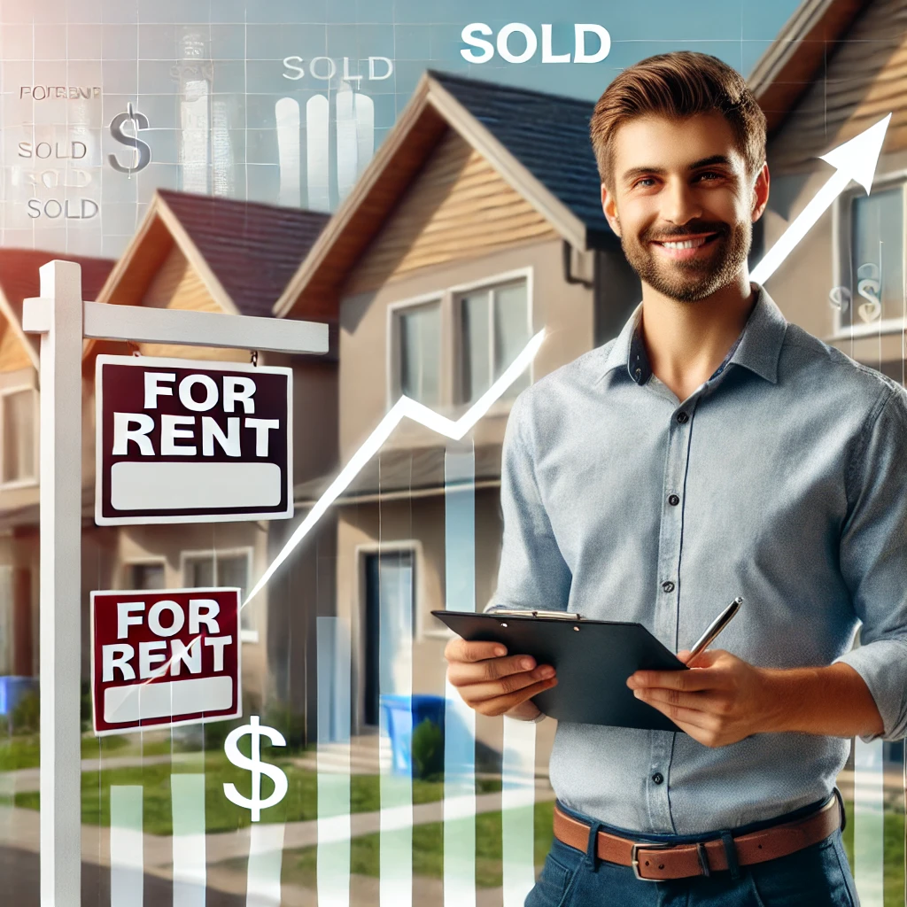 Confident Real Estate Investor in Front of Rental Properties – 2025 Housing Market Success