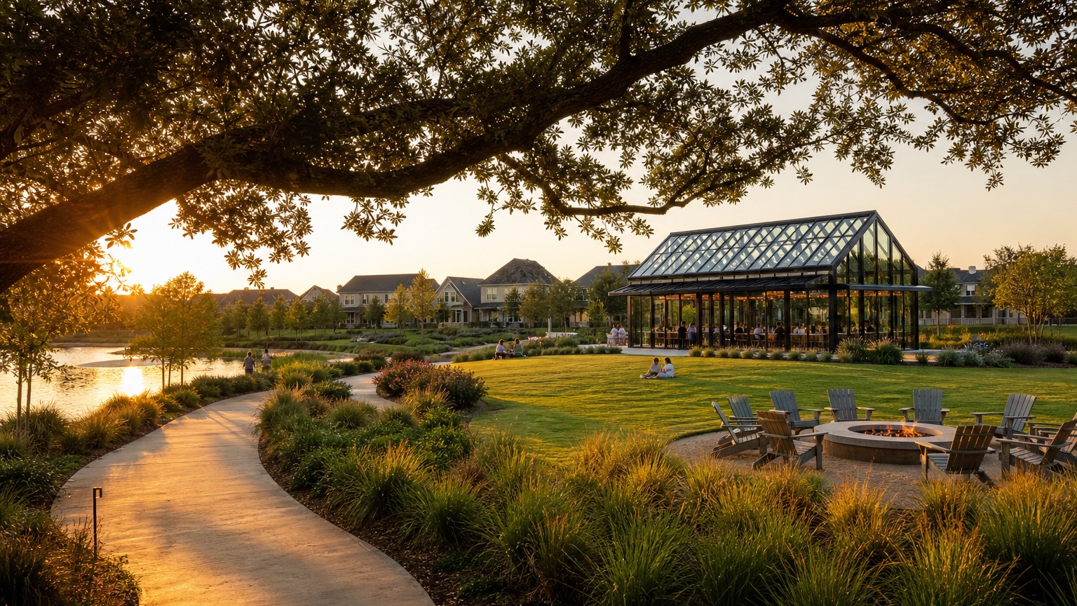 Illustrative Cane Island community scene with a walking path, water, homes, gathering lawn, and glass pavilion in Katy, Texas.