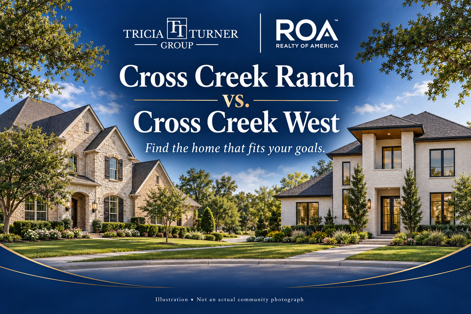 TTG-branded illustration comparing Cross Creek Ranch and Cross Creek West home options; not an actual community photograph.