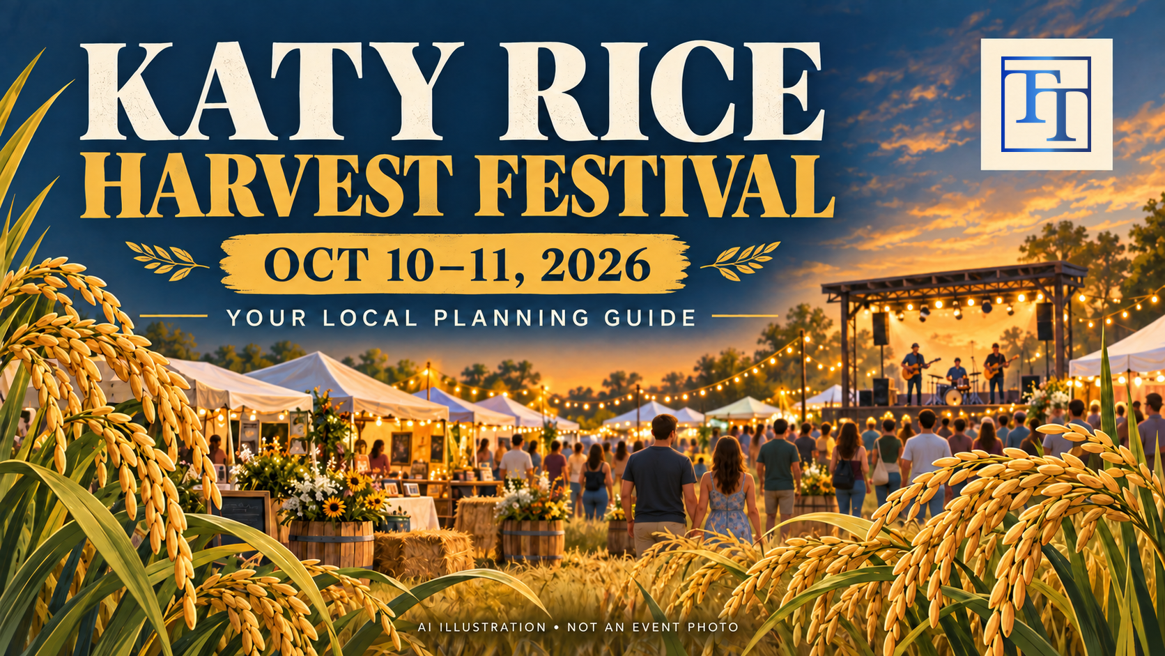 Illustrated Katy Rice Harvest Festival planning graphic with contemporary attendees and October 10–11, 2026 dates; not an event photo.