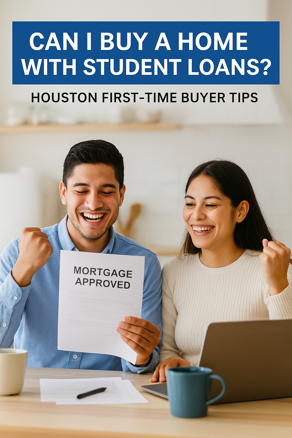 Couple in Houston reviewing mortgage approval documents in their new home, illustrating successful home purchase despite student loan debt.