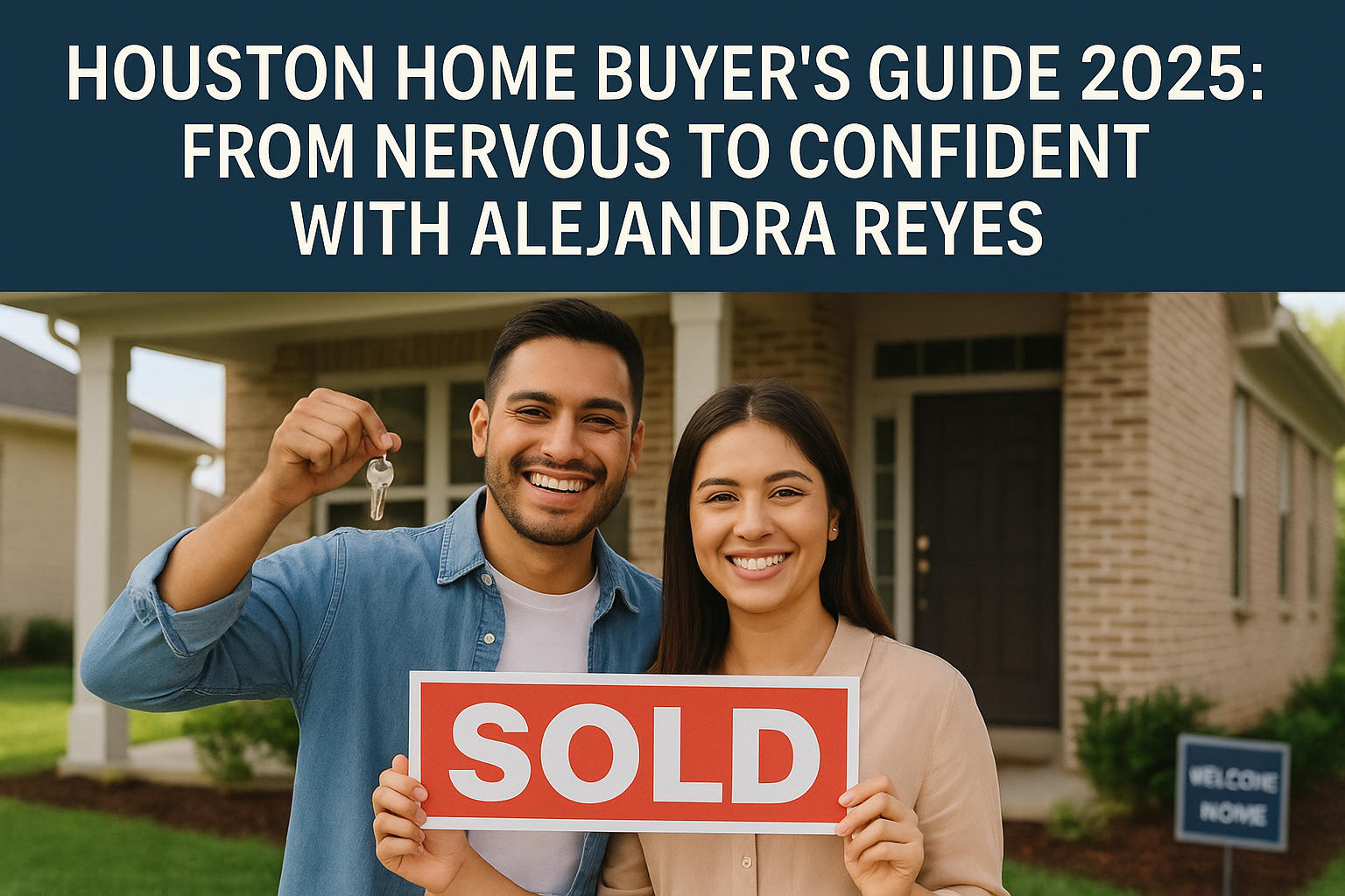 Smiling first-time homebuyers holding keys to their new house in Houston, Texas, after working with Alejandra Reyes, Realtor.