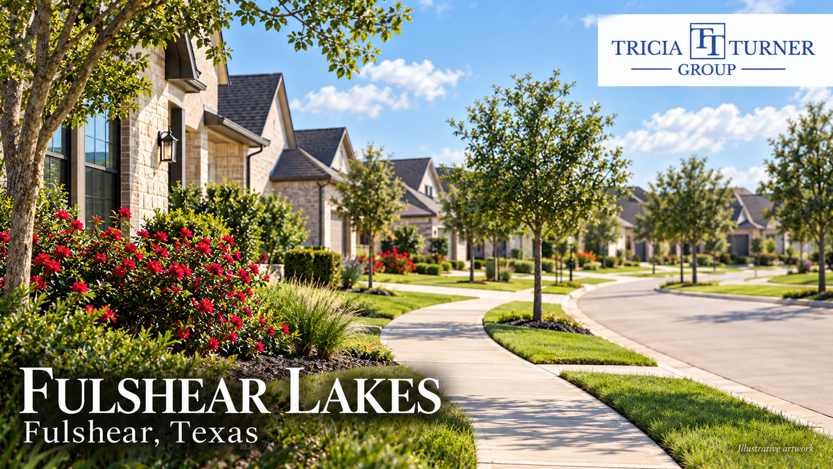 Original TTG-branded daytime illustration inspired by Fulshear Lakes neighborhood imagery, showing homes, sidewalks and landscaping; not an actual street photograph.