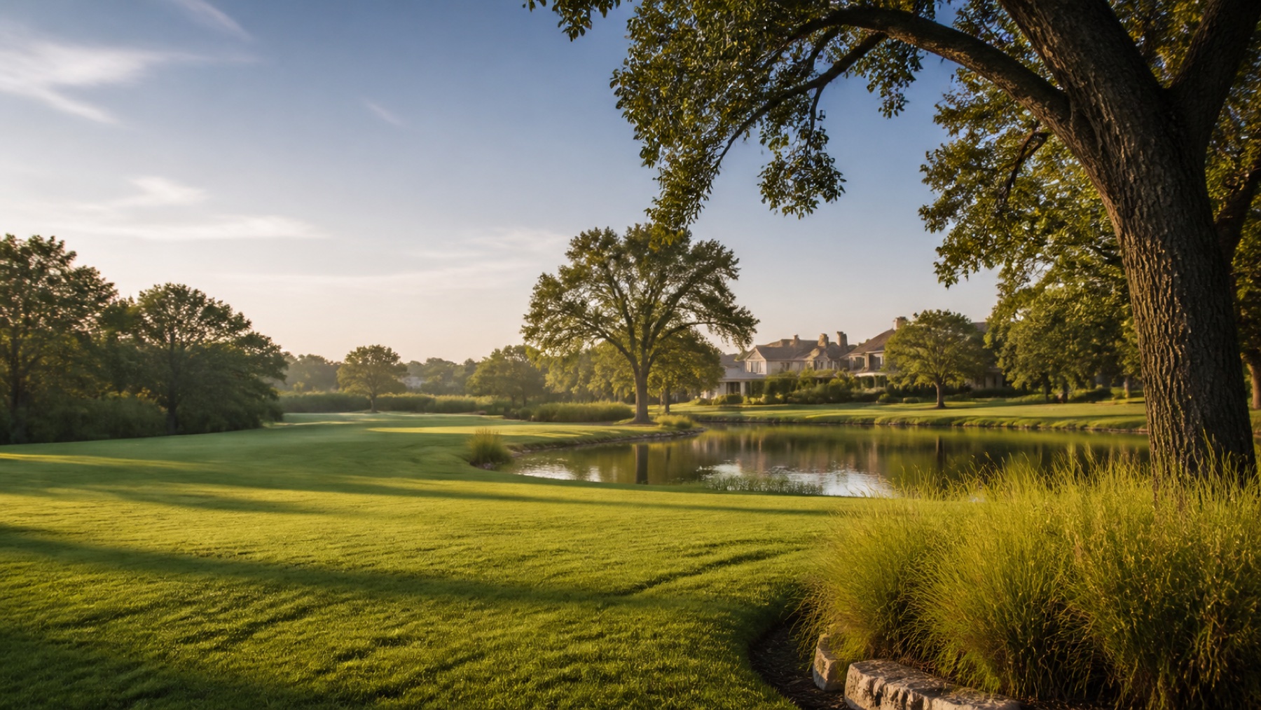Illustrative Weston Lakes community scene with mature trees, a golf-course fairway, a lake, and homes near Fulshear, Texas.