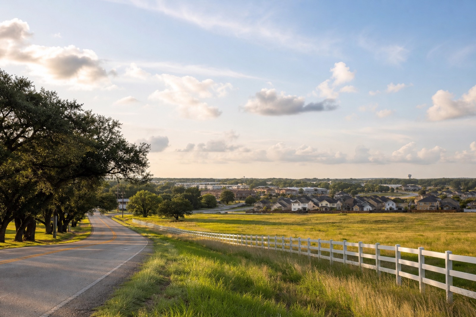 Illustrative Brookshire-area landscape with a country road, open land, and neighborhood homes.