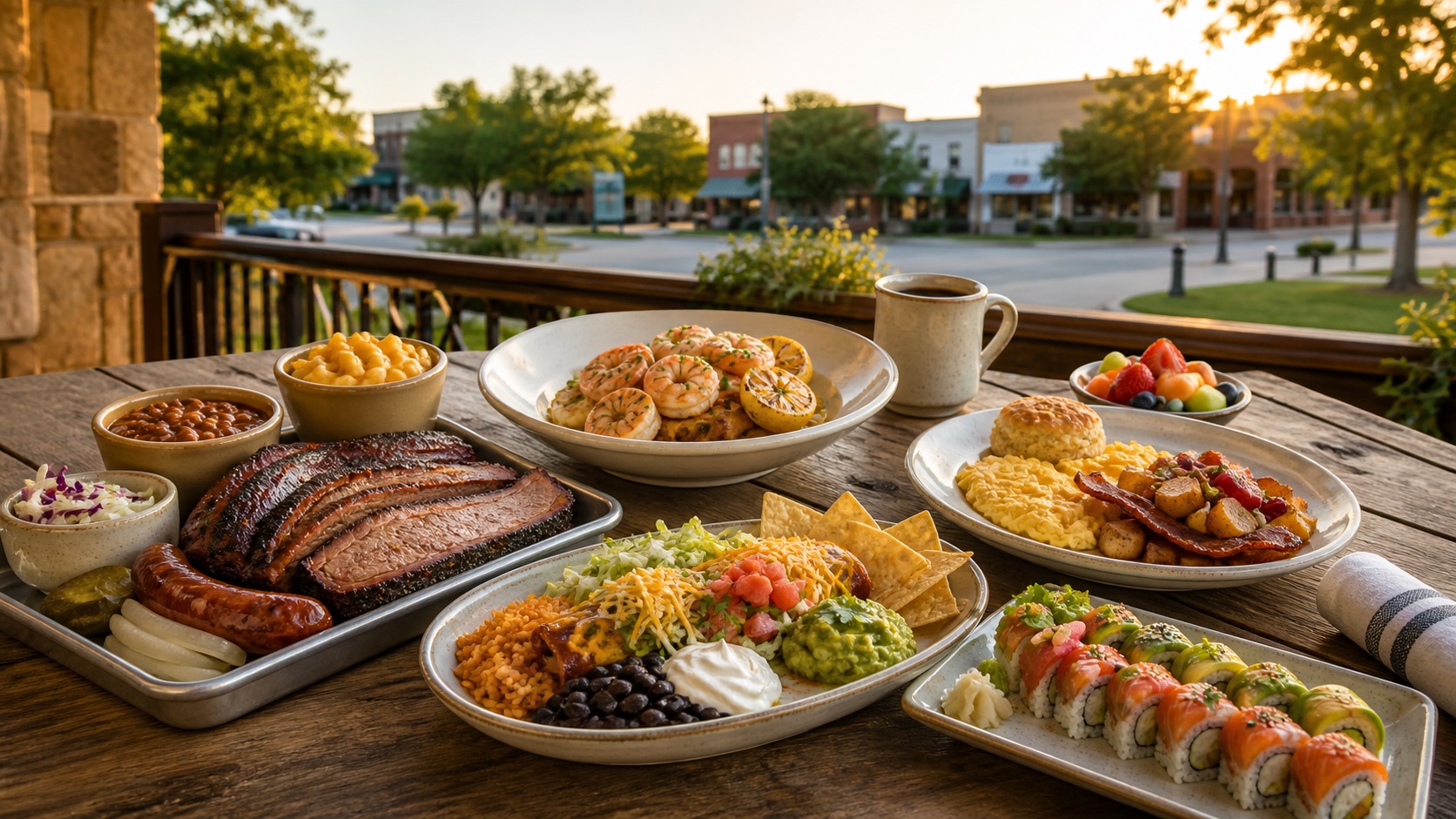 Illustrative Fulshear dining guide with barbecue, seafood, breakfast, Tex-Mex, and sushi on a small-town Texas patio.