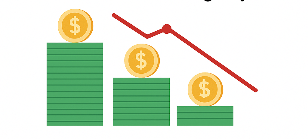 Illustration showing stacks of money and a downward-trending graph, visually representing how missed payments impact credit scores and home loan eligibility in Houston