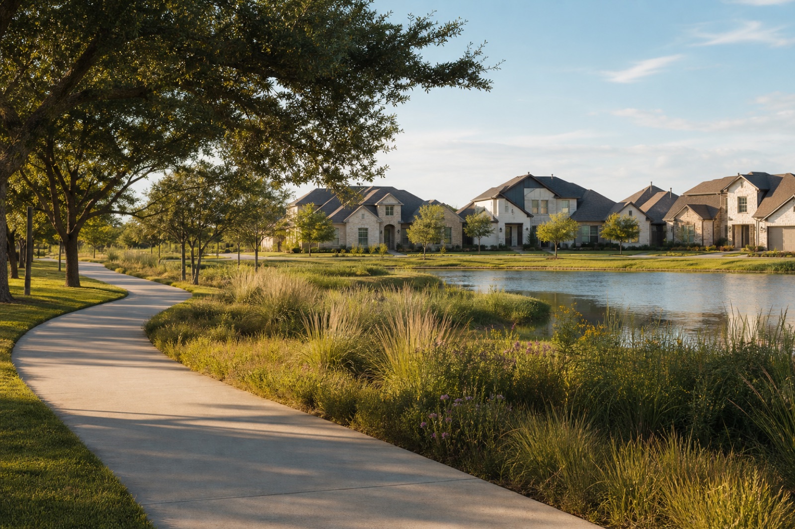 Illustrative Cross Creek West community scene with new homes, a walking trail, and a pond in Fulshear, Texas.